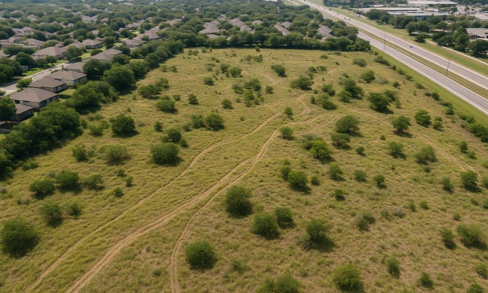 elevation certificate san antonio drainage planning - ALTA SURVEY Texas Aerial view of undeveloped land in San Antonio, TX showing natural slopes, drainage paths, and vegetation—ideal for elevation certificate use before land clearing.