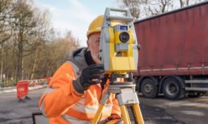 Surveyor using total station for boundary survey at a road construction site