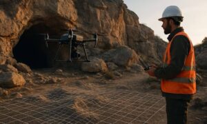 Drone land surveying being used to create a detailed 3D map of a cave system with a surveyor controlling the drone.