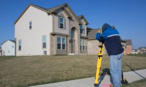 Licensed surveyor measuring a home’s elevation for a flood elevation certificate