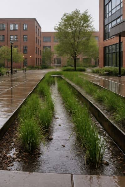 Sustainable stormwater bioswale urban drainage - ALTA SURVEY Texas Bioswale and green stormwater drainage system managing runoff between commercial buildings