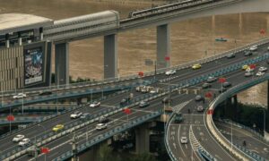 A traffic study perspective showing urban congestion on elevated roadways