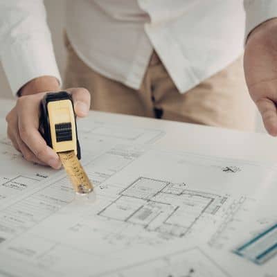 Licensed land surveyors reviewing survey plans and measurements during project planning