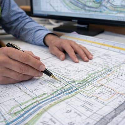Civil engineering companies reviewing detailed drainage and erosion plans before permit submission