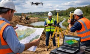 Civil engineering team reviewing a topographic site map and surveying the land for drainage planning