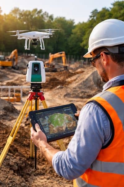 A construction surveyor using drones and LiDAR technology to map an active construction site accurately