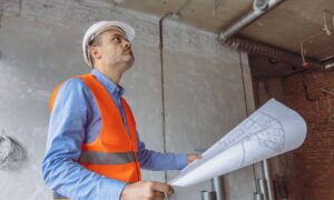 Engineer reviewing construction blueprints on site - ALTA SURVEY Texas Structural engineer reviewing building plans during on-site inspection after structural damage