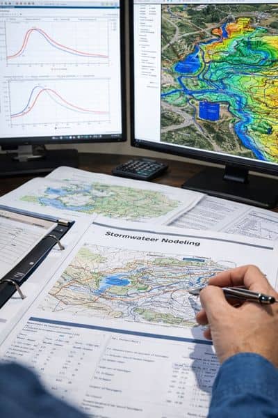 Stormwater modeling workstation - ALTA SURVEY Texas Civil engineering firm engineer analyzing 3D stormwater modeling and runoff simulations on a computer for site planning and drainage design