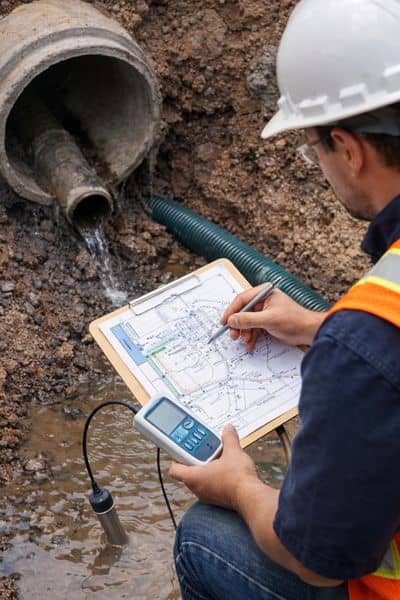 Civil engineer on site review - ALTA SURVEY Texas Civil engineer reviewing stormwater plans on-site in a Texas neighborhood to prevent sinkholes and drainage issues