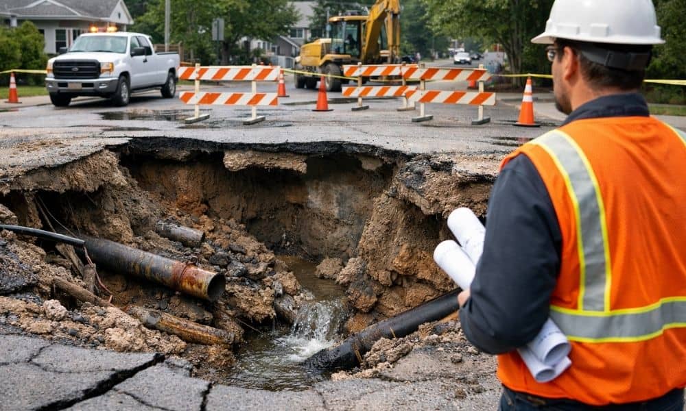 Civil engineer inspecting a neighborhood street with water pooling and minor road damage to assess stormwater and sinkhole risks