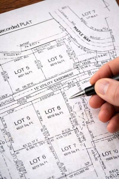 Recorded plat map showing lot lines, easements, and property layout used in land surveying