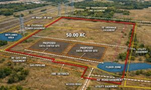 Aerial parcel map showing ALTA survey boundaries with utility easements, flood zones, and proposed data center sites highlighting land development restrictions