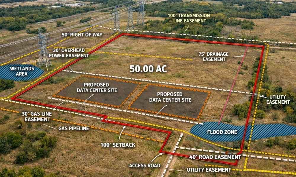 Aerial parcel map showing ALTA survey boundaries with utility easements, flood zones, and proposed data center sites highlighting land development restrictions