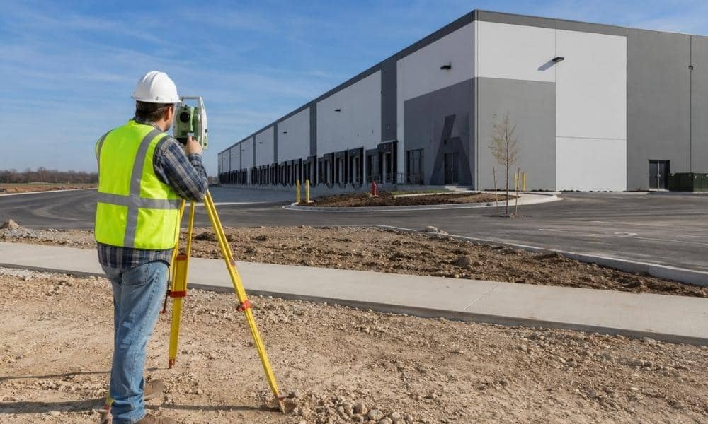 Licensed surveyor performing as built surveys at a completed commercial warehouse site to verify construction improvements