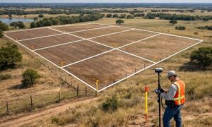 Licensed land surveyor marking property boundaries before dividing inherited land into separate parcels for multiple heirs