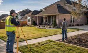 Surveyor conducting a property survey at a Frisco, Texas home
