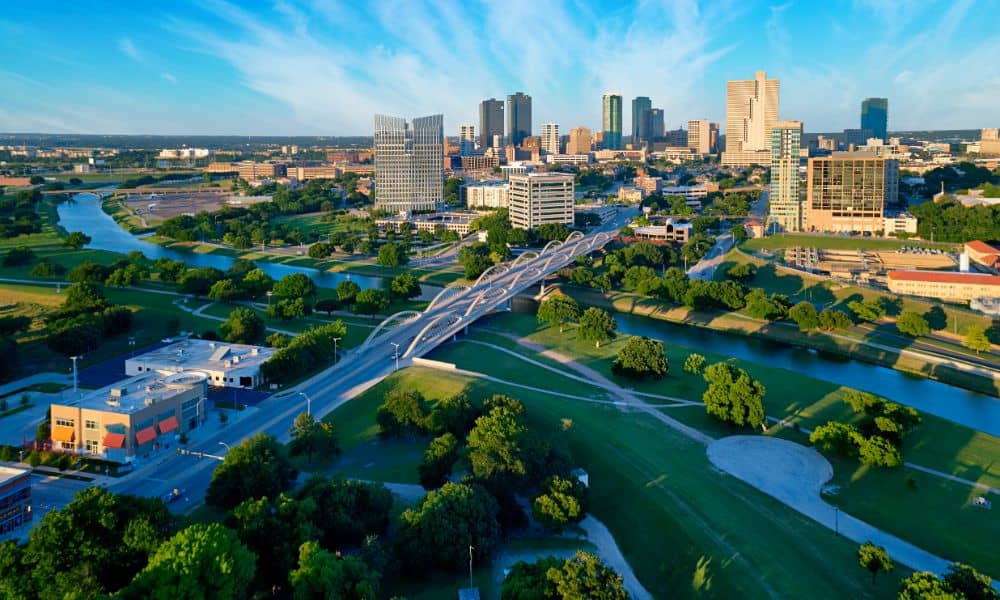 alta survey fort worth tx - ALTA SURVEY Texas Aerial view of downtown Fort Worth, TX showing commercial buildings, green spaces, and shared access roads—ideal for illustrating right-of-way and ALTA survey applications.