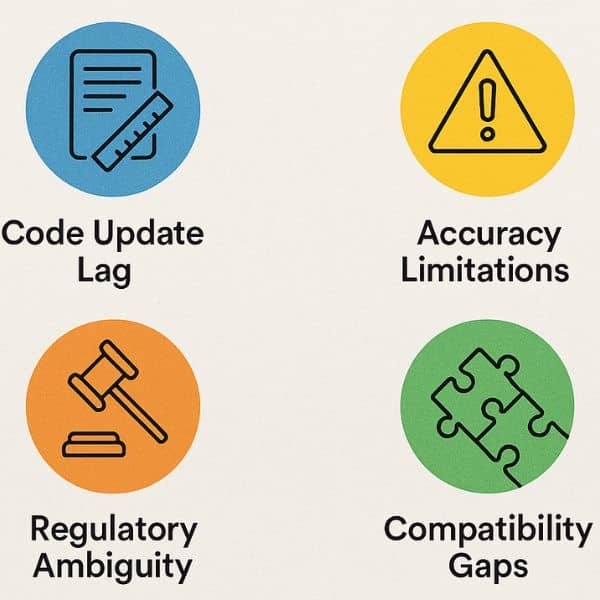 Common Challenges in LiDAR-Based Zoning Integration - ALTA SURVEY Texas Infographic showing key challenges in LiDAR integration with zoning, including code update delays, data accuracy concerns, regulatory ambiguity, and compatibility issues.