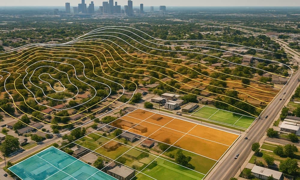LiDAR Elevation Data Shaping Urban Zoning Decisions - ALTA SURVEY Texas Digital elevation model with zoning overlays over a growing city, illustrating LiDAR use in urban planning