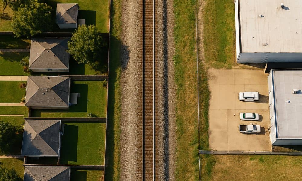 alta survey railroad adjacent properties boundary - ALTA SURVEY Texas Aerial view of land near railroad tracks showing residential and commercial properties side by side—ideal for illustrating ALTA Survey boundary analysis.