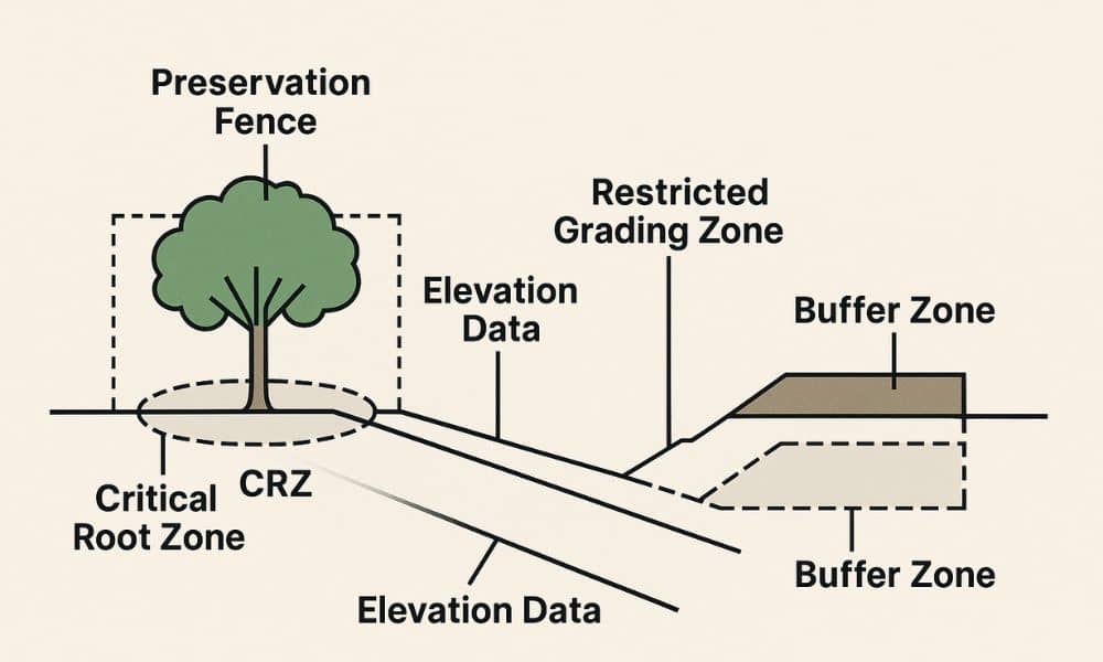 elevation certificate tree protection diagram - ALTA SURVEY Texas Elevation Certificate diagram showing tree protection zones, elevation data, and buffer zones on a sloped parcel