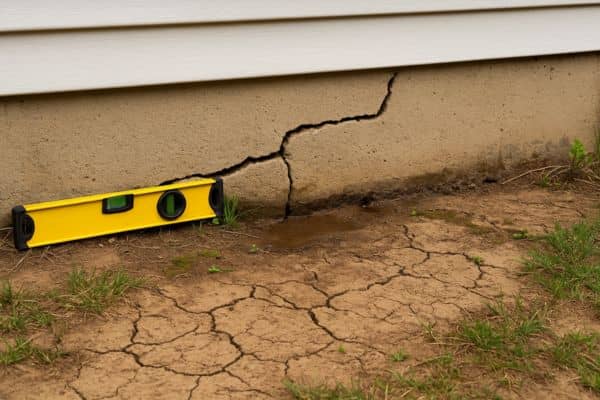 foundation crack dry-soil inspection - ALTA SURVEY Texas Visible foundation crack and dry, shifting soil near a home in Arlington TX, indicating need for inspection