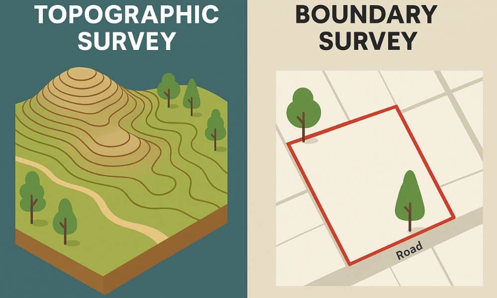 Topographic and Boundary Survey - ALTA SURVEY Texas Infographic showing a topographic survey with elevation contours and trees on one side, and a boundary survey with property lines and road labels on the other.