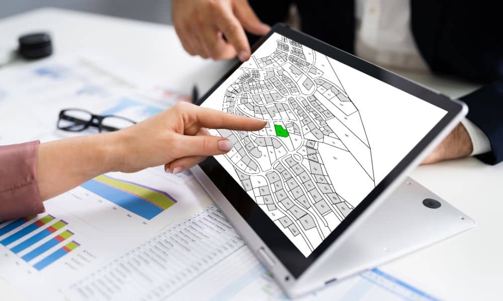 People reviewing a residential land map on a tablet, highlighting a selected lot for building and survey planning.