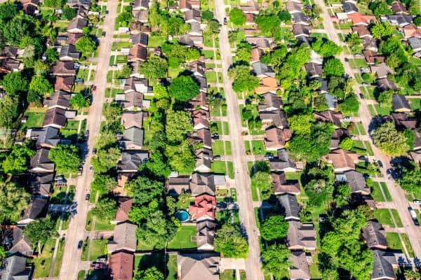 Aerial view of residential neighborhood in Houston, Texas, highlighting how property line disputes can occur between closely built homes.