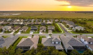 Subdivision aerial residential development - ALTA SURVEY Texas Aerial view of a new residential neighborhood designed through subdivision engineering, showing roads and uniform lot layouts under sunset light