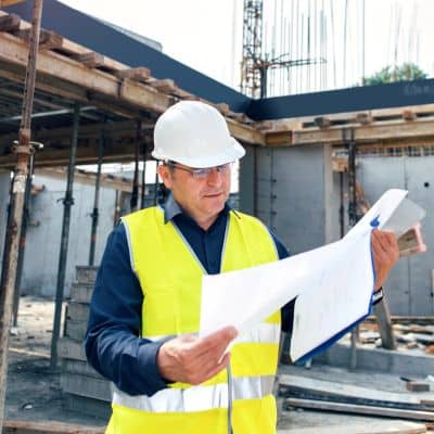 Construction management oversight shown through an engineer reviewing construction plans during an active project