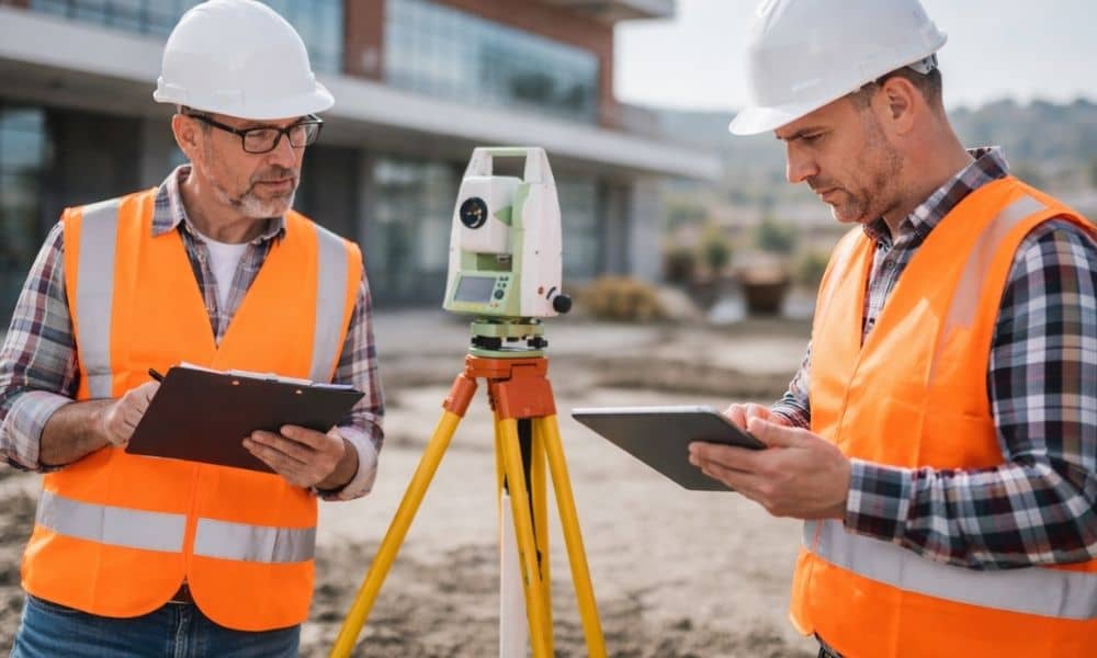 Commercial surveyor reviewing plans - ALTA SURVEY Texas Licensed surveyor reviewing documentation for an ALTA land title survey at a commercial property site