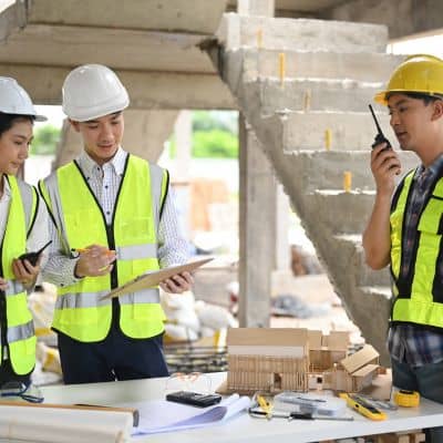 Civil engineering firm team reviewing site plans and models during early project planning