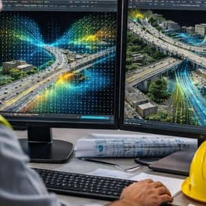 Infrastructure digital twin analysis engineer - ALTA SURVEY Texas Engineer reviewing 3D infrastructure models created from LiDAR mapping data on dual monitors in a modern office