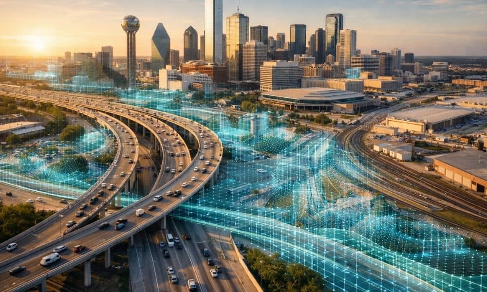 Smart infrastructure 3d urban corridor aerial - ALTA SURVEY Texas Aerial view of a modern city highway interchange with a digital LiDAR mapping overlay showing 3D infrastructure modeling