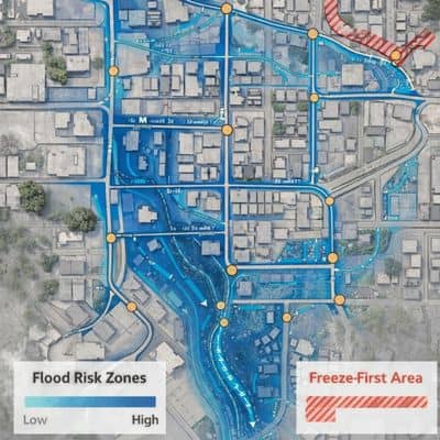Urban engineering map showing street flood risk zones and runoff flow paths