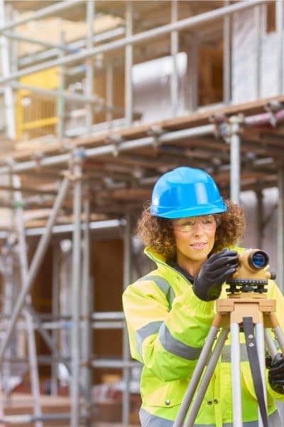 Environmental engineer reviewing land measurements at a construction site before planning water and drainage systems
