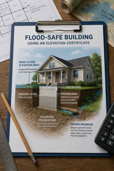 Flood safe building diagram - ALTA SURVEY Texas Diagram of a home with foundation above Base Flood Elevation showing proper drainage and elevation for a FEMA elevation certificate