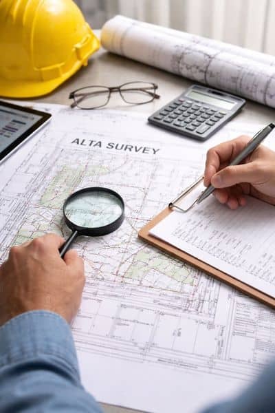 Land surveyor workspace - ALTA SURVEY Texas A close-up of a surveyor reviewing documents and tools while performing an ALTA survey for accurate property boundaries
