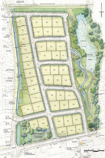 Site plan showing layout, roads, and drainage design for a housing subdivision during early planning stages
