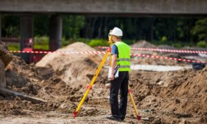 Surveyor at construction site - ALTA SURVEY Texas A surveyor using equipment at a construction site performing an ALTA survey to check property boundaries