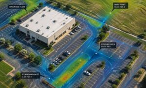 Aerial view of an office building with a blue and green drainage map overlay showing storm drains and elevation labels in the parking lot area.