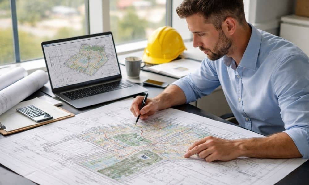 Civil engineer reviewing detailed site plans and drawings before plan approval in a professional office setting with laptop and blueprints on desk