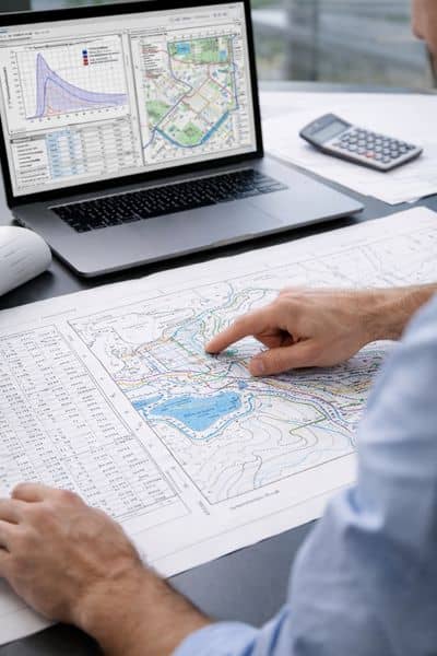 Civil engineer reviewing stormwater drainage plans and calculations on a laptop and blueprint