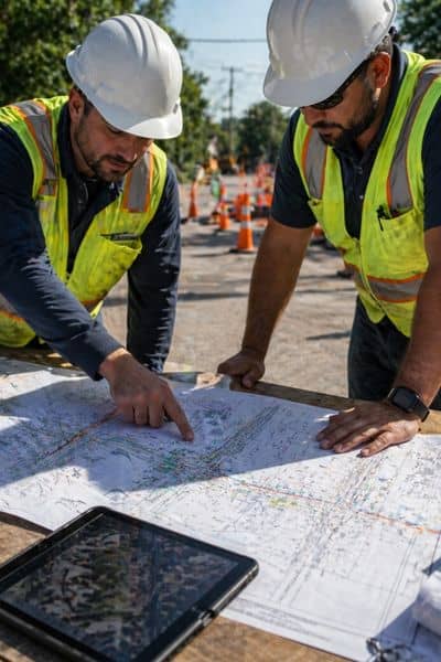 Engineers reviewing site maps and utility plans on a tablet outdoors at a construction site, representing early planning before road work begins.