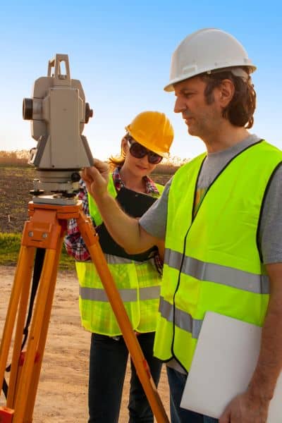 A surveyor using a total station to measure and map a commercial property before replat work