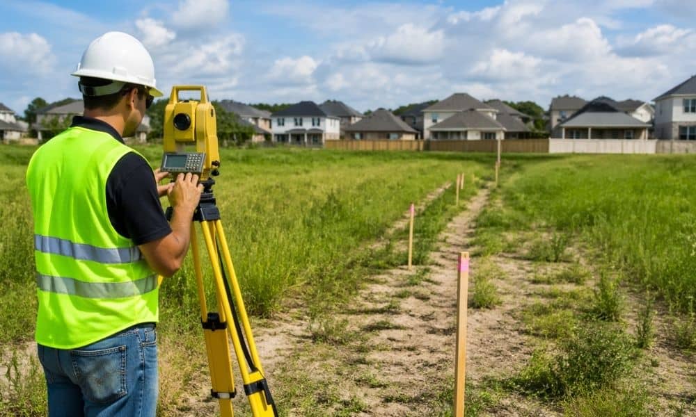 Licensed surveyor conducting boundary measurements on open land using GPS surveying equipment during a pre-purchase inspection