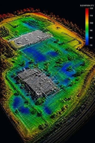 Point cloud model of a commercial property with lidar mapping showing elevation changes and surface detail