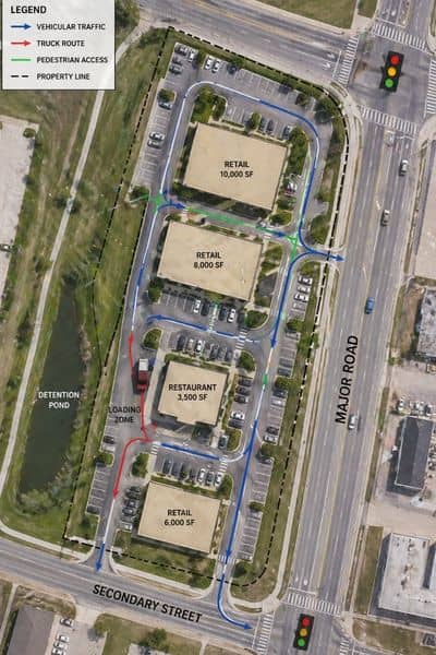 Illustrated site plan showing vehicle flow, entrances, and parking layout for early transportation engineering planning