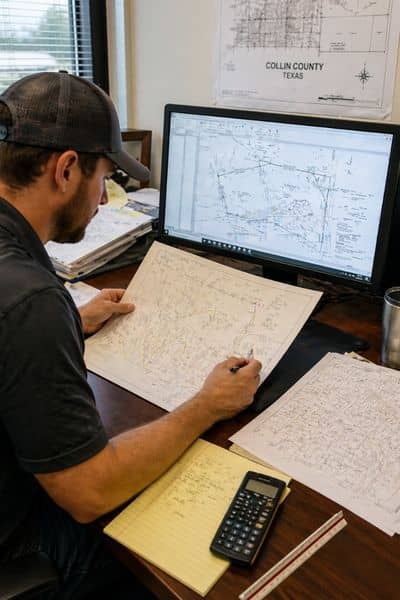Surveyor reviewing land maps and legal documents on a desk while analyzing property boundaries before a pre-purchase inspection